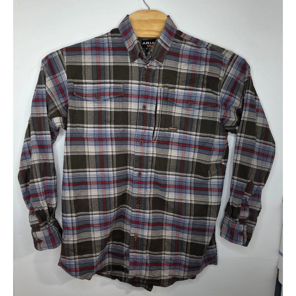 Ariat Rebar Mens Medium Plaid Flannel Work Shirt Olive Red Blue Button Down - Picture 2 of 10